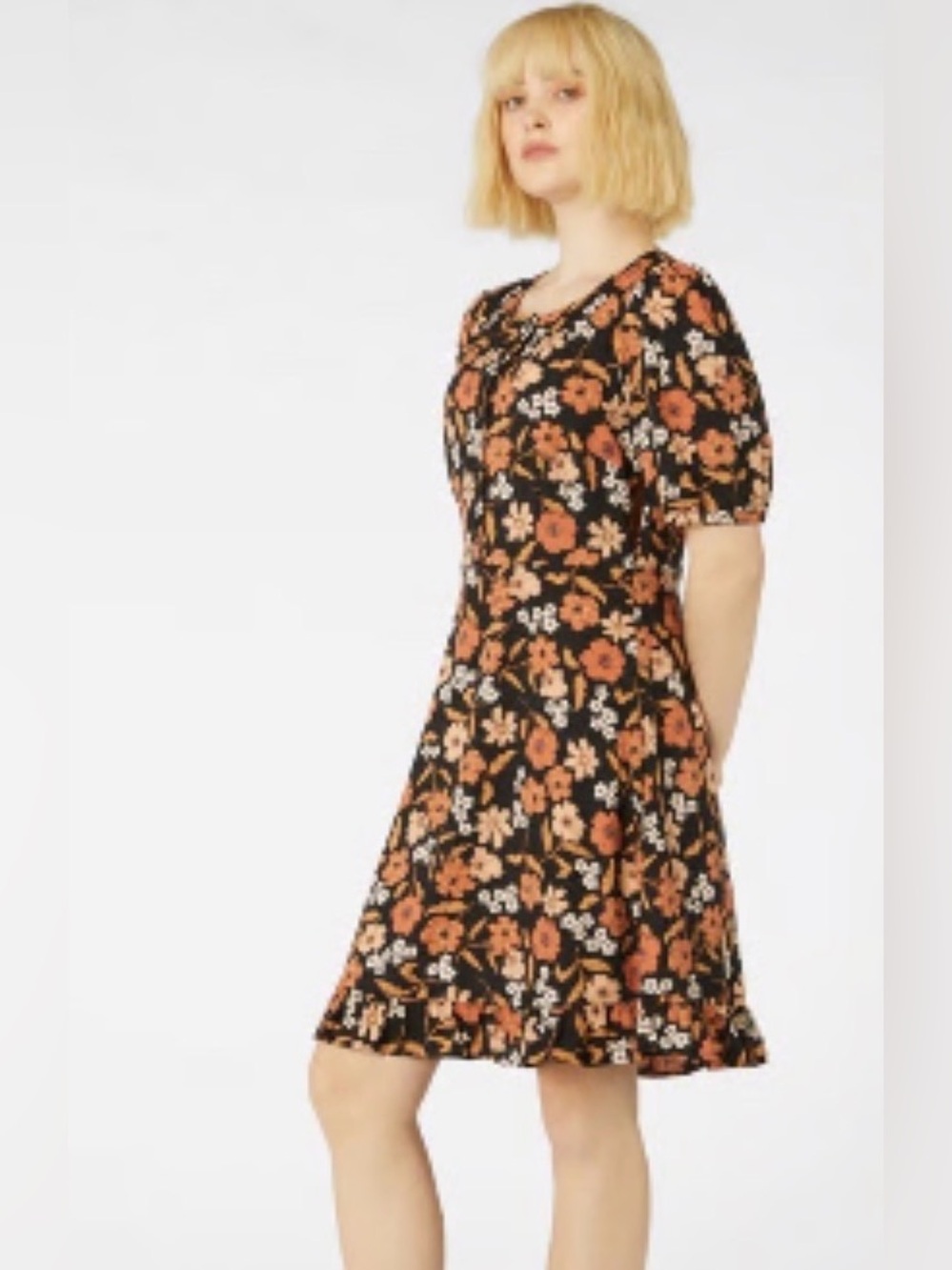 Modcloth Princess Highway Black Floral Mini Dress with Rust and Cream Flowers